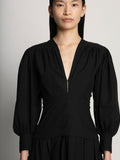 Detail image of model wearing Poplin V-Neck Dress in BLACK
