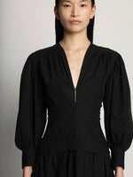 Detail image of model wearing Poplin V-Neck Dress in BLACK