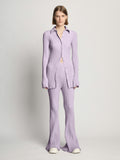 Front full length image of model wearing Velvet Rib Knit Shirt in LIGHT LAVENDER