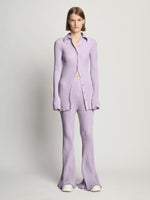 Front full length image of model wearing Velvet Rib Knit Shirt in LIGHT LAVENDER