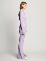 Side full length image of model wearing Velvet Rib Knit Shirt in LIGHT LAVENDER