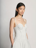 Detail image of model wearing Poplin Bustier Dress in WHITE