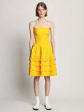 Front full length image of model wearing Textured Fringe Knit Sculpted Dress in LEMON
