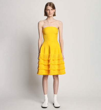 Front full length image of model wearing Textured Fringe Knit Sculpted Dress in LEMON