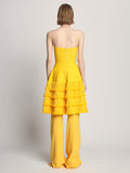 Back full length image of model wearing Textured Fringe Knit Sculpted Dress in LEMON