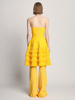 Back full length image of model wearing Textured Fringe Knit Sculpted Dress in LEMON