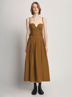 Front full length image of model wearing Poplin Bustier Dress in TOBACCO