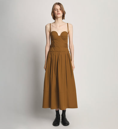 Front full length image of model wearing Poplin Bustier Dress in TOBACCO