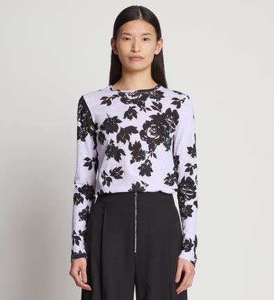 Front cropped image of model wearing Printed Floral T-Shirt in PURPLE MULTI