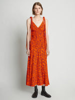 Front full length image of model wearing Printed Crepe De Chine Tank Dress in ORANGE MULTI