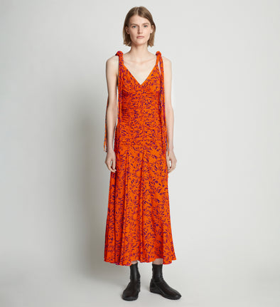 Front full length image of model wearing Printed Crepe De Chine Tank Dress in ORANGE MULTI