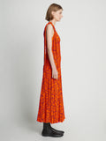 Side full length image of model wearing Printed Crepe De Chine Tank Dress in ORANGE MULTI