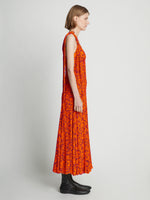 Side full length image of model wearing Printed Crepe De Chine Tank Dress in ORANGE MULTI
