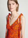 Detail image of model wearing Printed Crepe De Chine Tank Dress in ORANGE MULTI