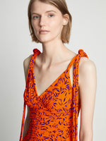 Detail image of model wearing Printed Crepe De Chine Tank Dress in ORANGE MULTI