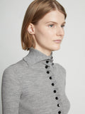 Detail image of model wearing Eco Superfine Merino Button Down Sweater in GREY MELANGE