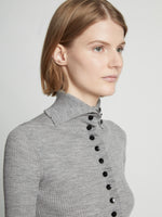 Detail image of model wearing Eco Superfine Merino Button Down Sweater in GREY MELANGE