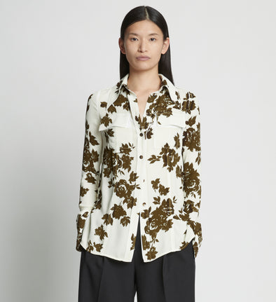 Front cropped image of model wearing Floral Garment Printed Shirt in ECRU MULTI