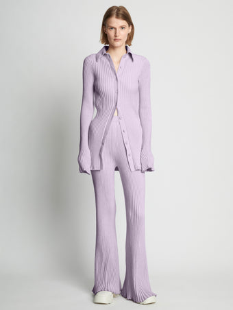 Front full length image of model wearing Velvet Rib Knit Pants in LIGHT LAVENDER