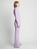 Side full length image of model wearing Velvet Rib Knit Pants in LIGHT LAVENDER
