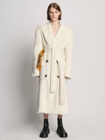 Front image of model wearing Brushed Alpaca Coat in ecru