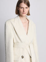 Detail image of model wearing Brushed Alpaca Coat in ecru
