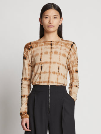Cropped front image of model wearing Tie Dye T-Shirt in brown multi