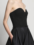 Detail image of model wearing Silk Nylon Taffeta Bustier Dress in black