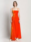 Front full length image of model wearing Silk Viscose Velvet Gathered Dress in ORANGE