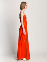 Side full length image of model wearing Silk Viscose Velvet Gathered Dress in ORANGE