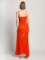 Back full length image of model wearing Silk Viscose Velvet Gathered Dress in ORANGE