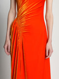 Detail image of model wearing Silk Viscose Velvet Gathered Dress in ORANGE