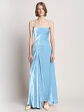 Front image of model wearing Silk Viscose Velvet Gathered Dress in light blue