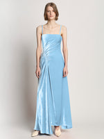 Front image of model wearing Silk Viscose Velvet Gathered Dress in light blue