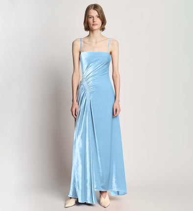 Front image of model wearing Silk Viscose Velvet Gathered Dress in light blue