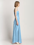 Side image of model wearing Silk Viscose Velvet Gathered Dress in light blue