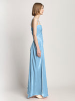 Side image of model wearing Silk Viscose Velvet Gathered Dress in light blue