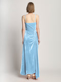 Back image of model wearing Silk Viscose Velvet Gathered Dress in light blue