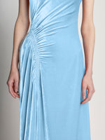 Detail image of model wearing Silk Viscose Velvet Gathered Dress in light blue