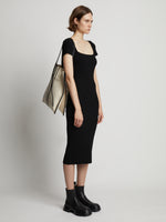 Image of model wearing Twin Stripe Canvas Tote in NATURAL/BLACK