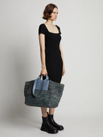 Image of model wearing XL Morris Raffia Tote in DOVE GREY