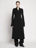 Proenza Schouler front image of model wearing Bi-Stretch Crepe Wrap Coat in black