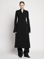 Proenza Schouler front image of model wearing Bi-Stretch Crepe Wrap Coat in black