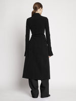 Proenza Schouler back image of model wearing Bi-Stretch Crepe Wrap Coat in black