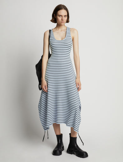 Front image of model wearing Stripe Rib Sleeveless Dress in sky blue/black