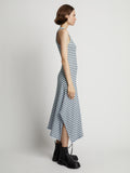Side image of model wearing Stripe Rib Sleeveless Dress in sky blue/black