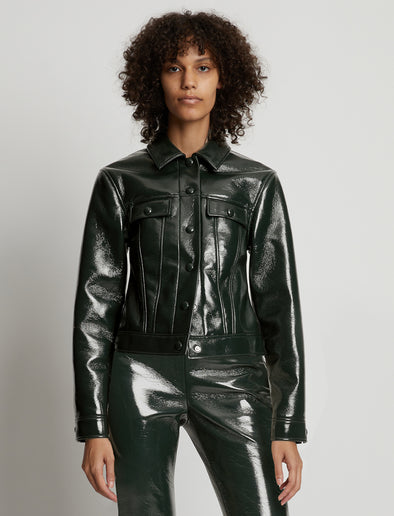 Cropped front image of model wearing Vinyl Cropped Jacket in pine