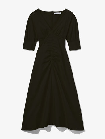 Flat image of Poplin V-Neck Puff Sleeve Dress in black