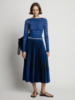 Front image of model wearing Sheer Stripe Knit Skirt in cerulean/black