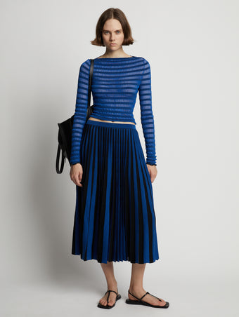 Front image of model wearing Sheer Stripe Knit Skirt in cerulean/black